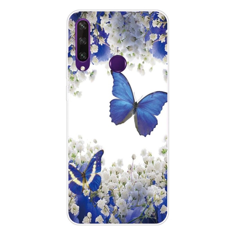 Coque Huawei Y6p Fleurs et Papillons Bleus