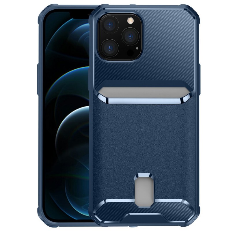 Coque iPhone 12/12 Pro Fibre de Carbone Porte-Carte - Bleu marine