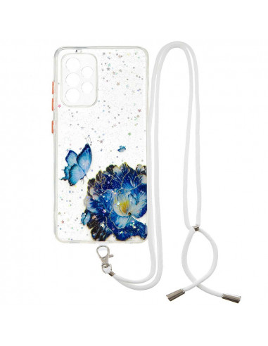 Coque Samsung Galaxy A53 5G à cordon fleurs et papillons bleus